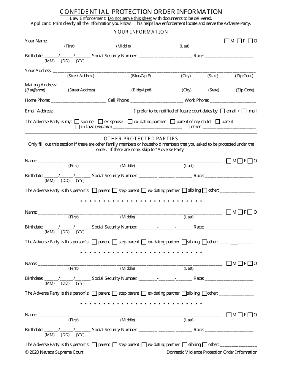 Domestic Violence Temporary Protection Order Confidential Information Sheet - Nevada, Page 1