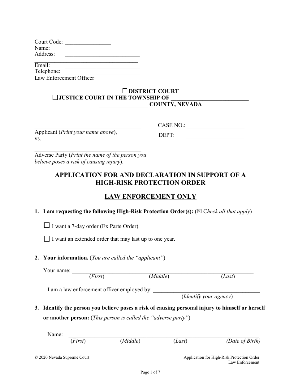 Nevada Application for and Declaration in Support of a HighRisk