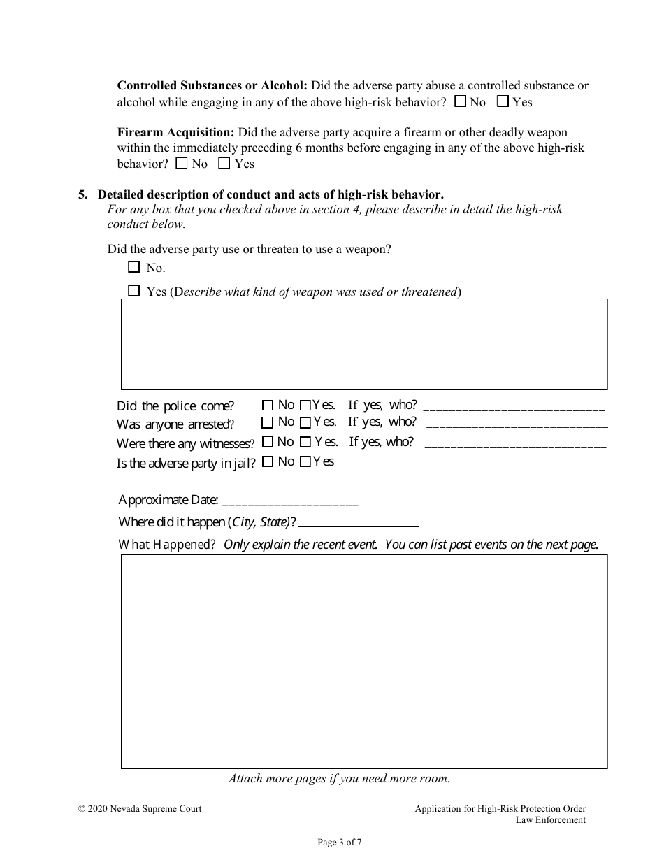 Application for and Declaration in Support of a High-Risk Protection Order - Nevada, Page 3