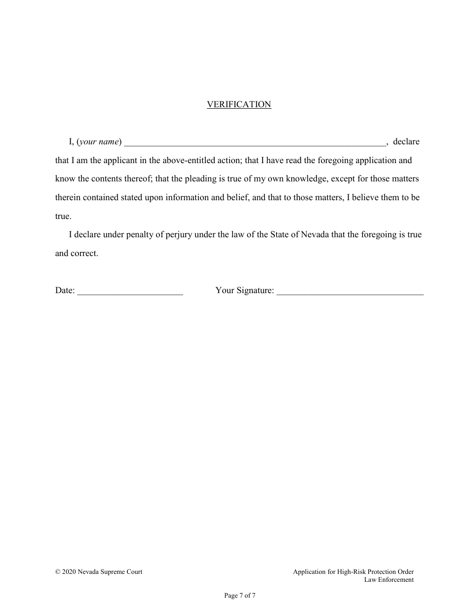 Application for and Declaration in Support of a High-Risk Protection Order - Nevada, Page 7