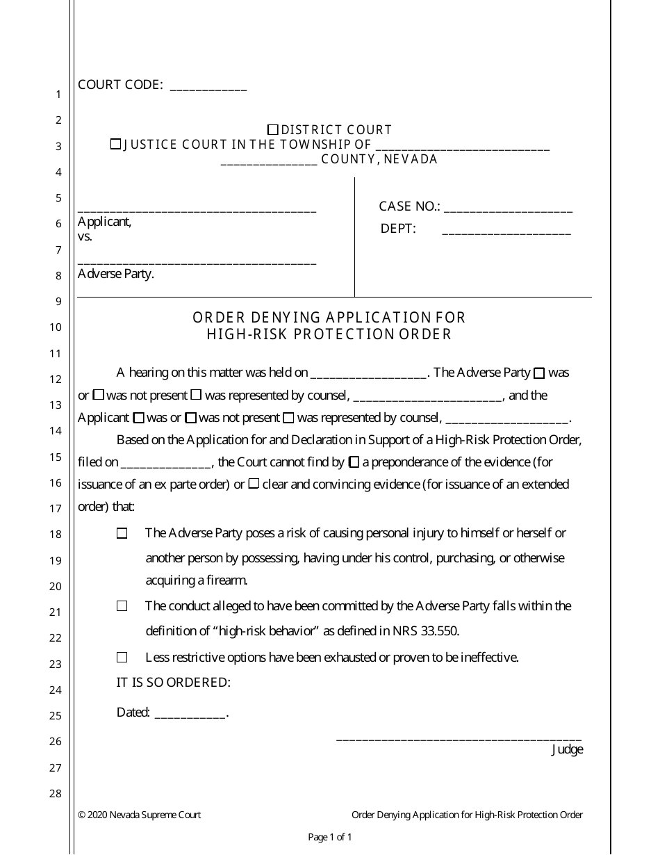 Order Denying Application for High-Risk Protection Order - Nevada, Page 1
