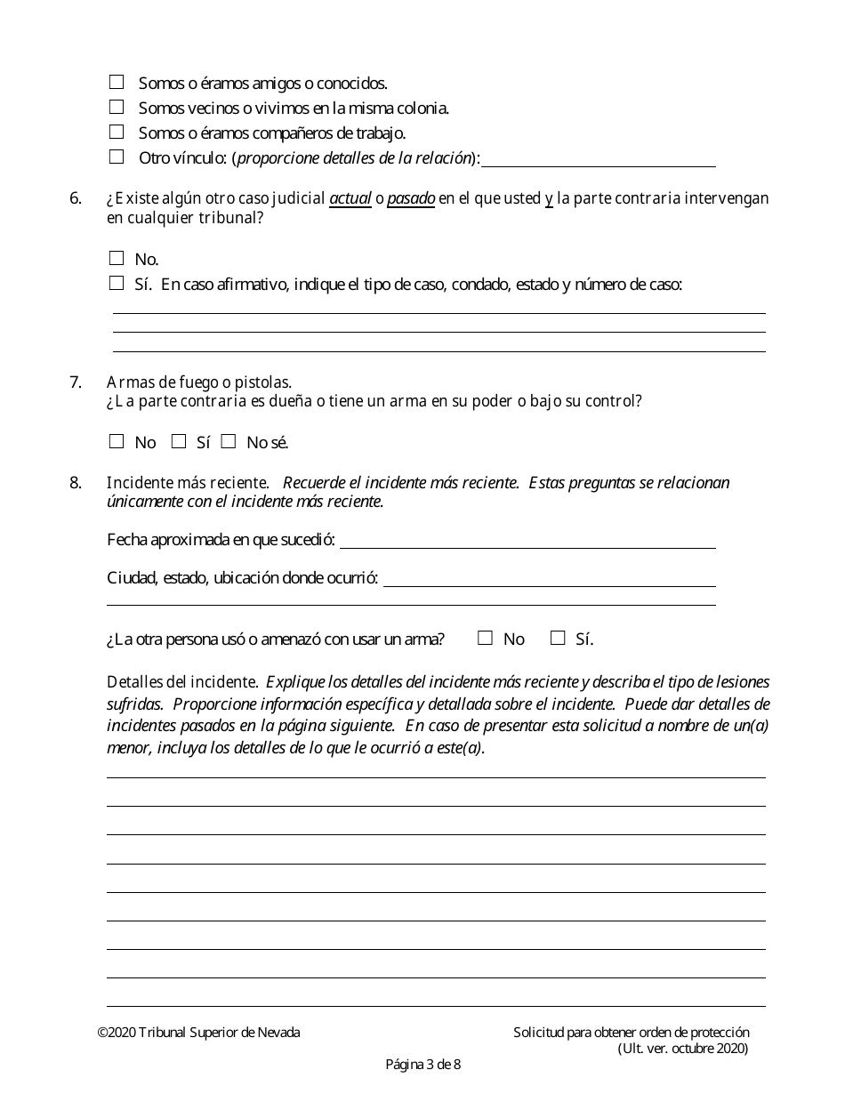 Solicitud Para Obtener Orden De Proteccion - Nevada (Spanish), Page 3