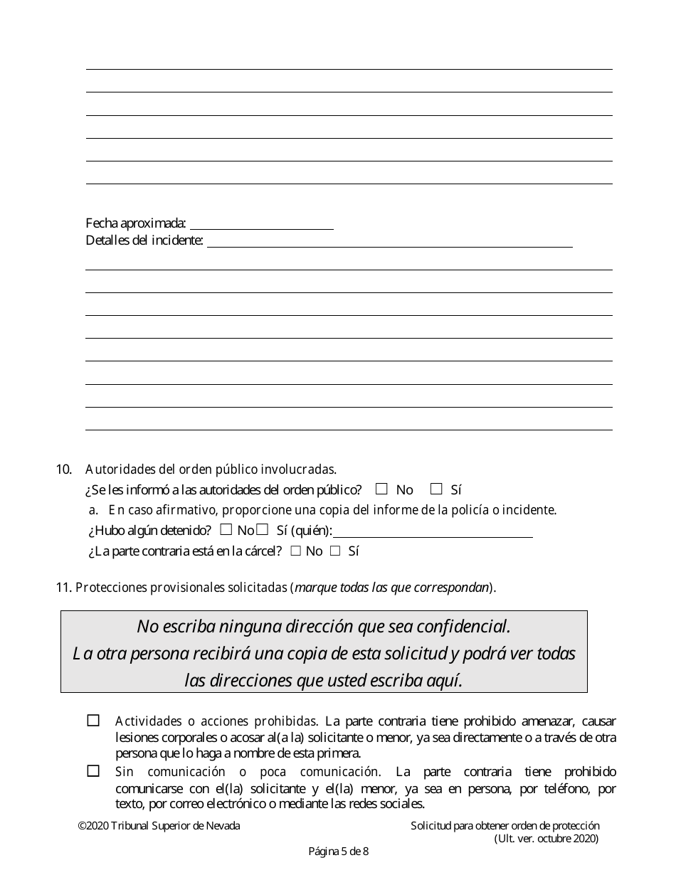 Solicitud Para Obtener Orden De Proteccion - Nevada (Spanish), Page 5