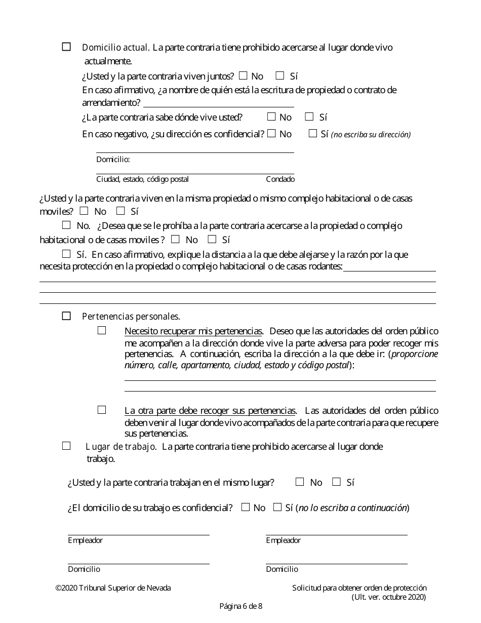 Solicitud Para Obtener Orden De Proteccion - Nevada (Spanish), Page 6