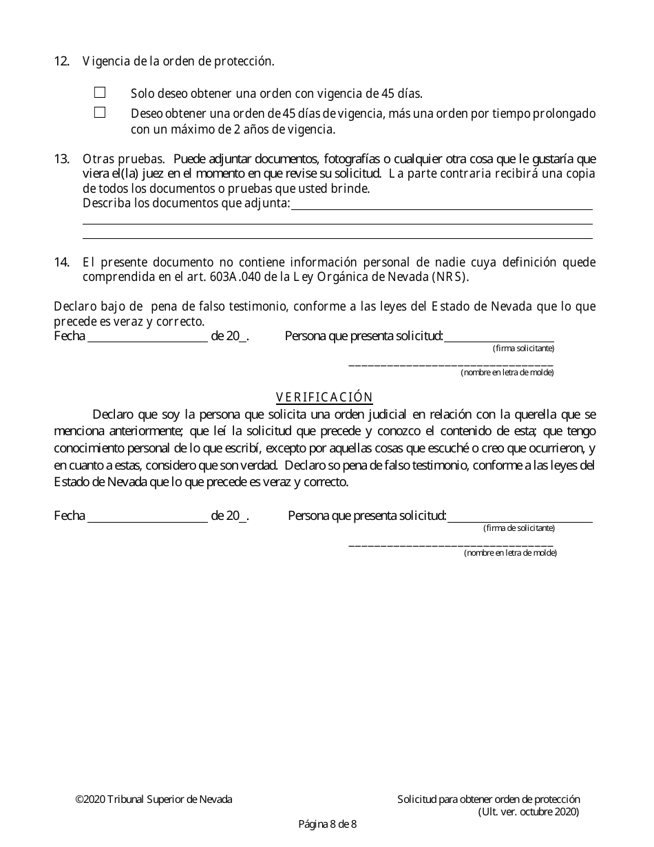 Solicitud Para Obtener Orden De Proteccion - Nevada (Spanish), Page 8