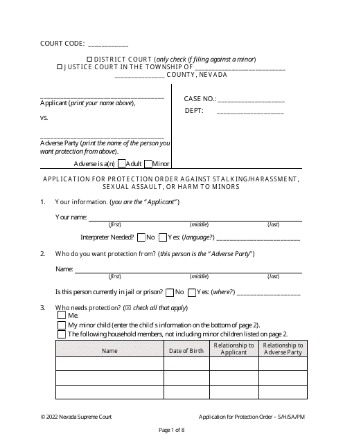 Application for Protection Order Against Stalking/Harassment, Sexual Assault, or Harm to Minors - Nevada