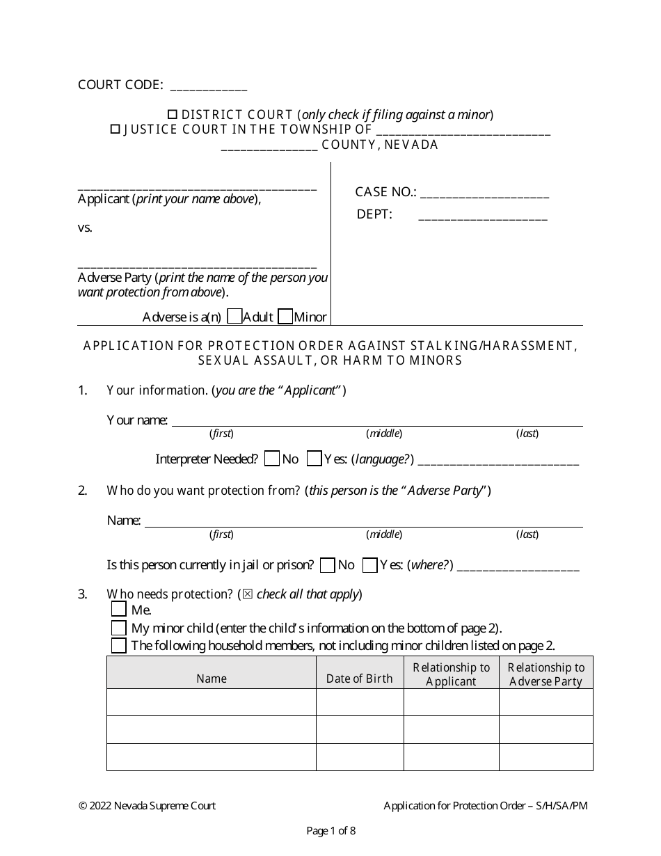 Nevada Application For Protection Order Against Stalking/Harassment ...