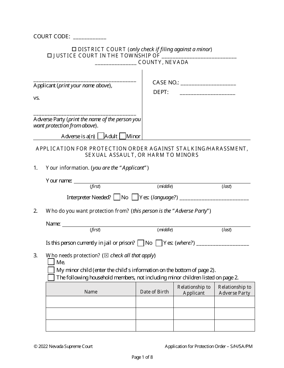 Application for Protection Order Against Stalking / Harassment, Sexual Assault, or Harm to Minors - Nevada, Page 1