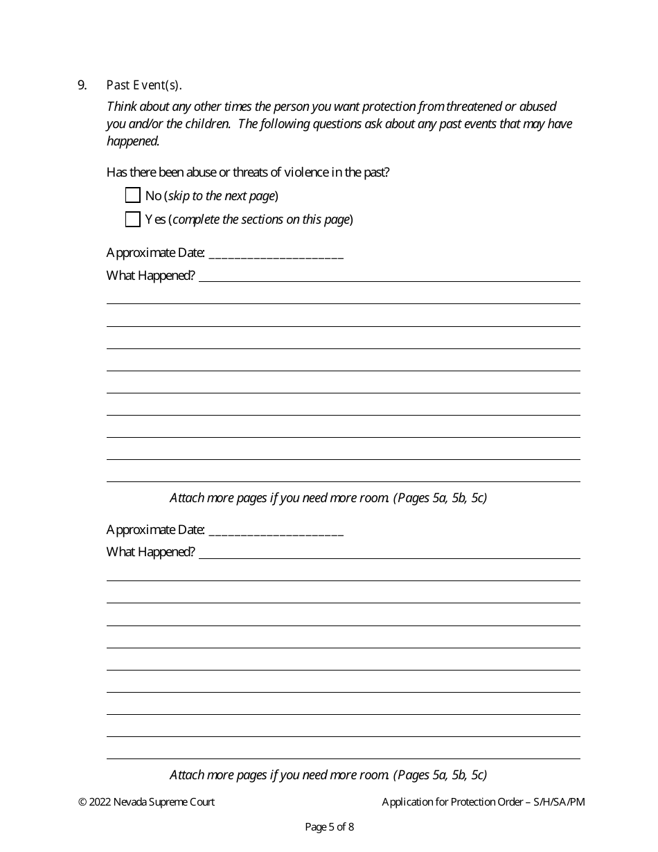 Application for Protection Order Against Stalking / Harassment, Sexual Assault, or Harm to Minors - Nevada, Page 5