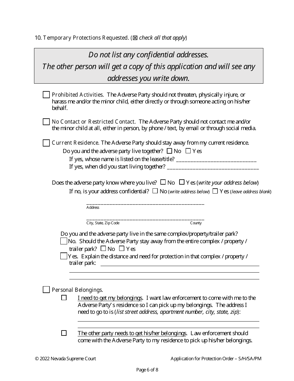Application for Protection Order Against Stalking / Harassment, Sexual Assault, or Harm to Minors - Nevada, Page 6