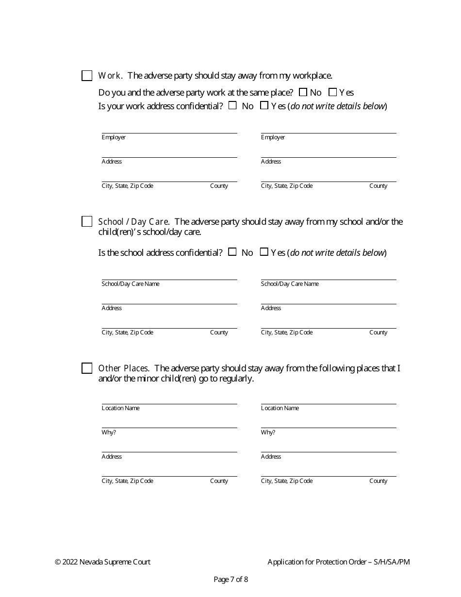 Application for Protection Order Against Stalking / Harassment, Sexual Assault, or Harm to Minors - Nevada, Page 7