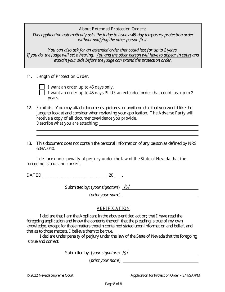 Nevada Application for Protection Order Against Stalking/Harassment ...