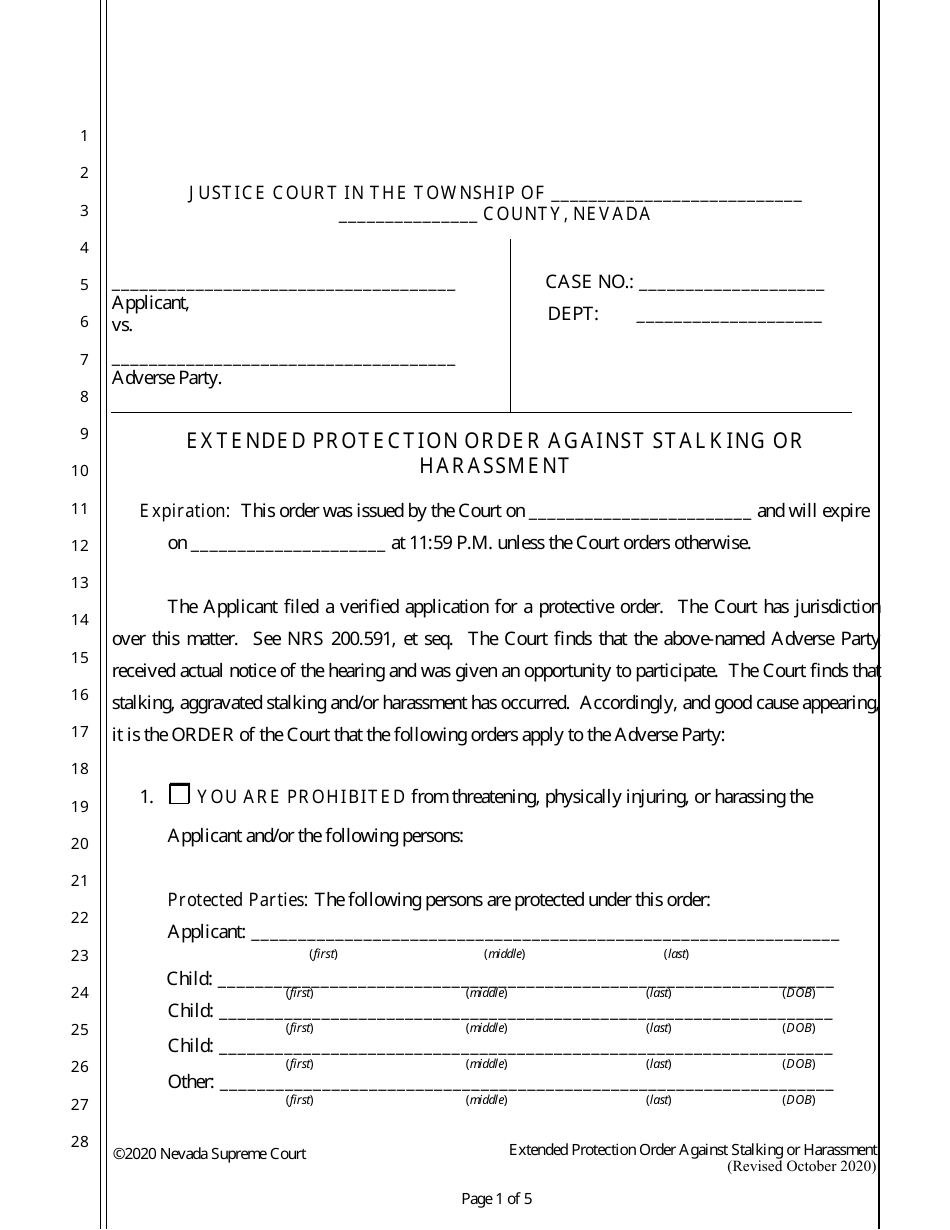 Extended Protection Order Against Stalking or Harassment - Nevada, Page 1