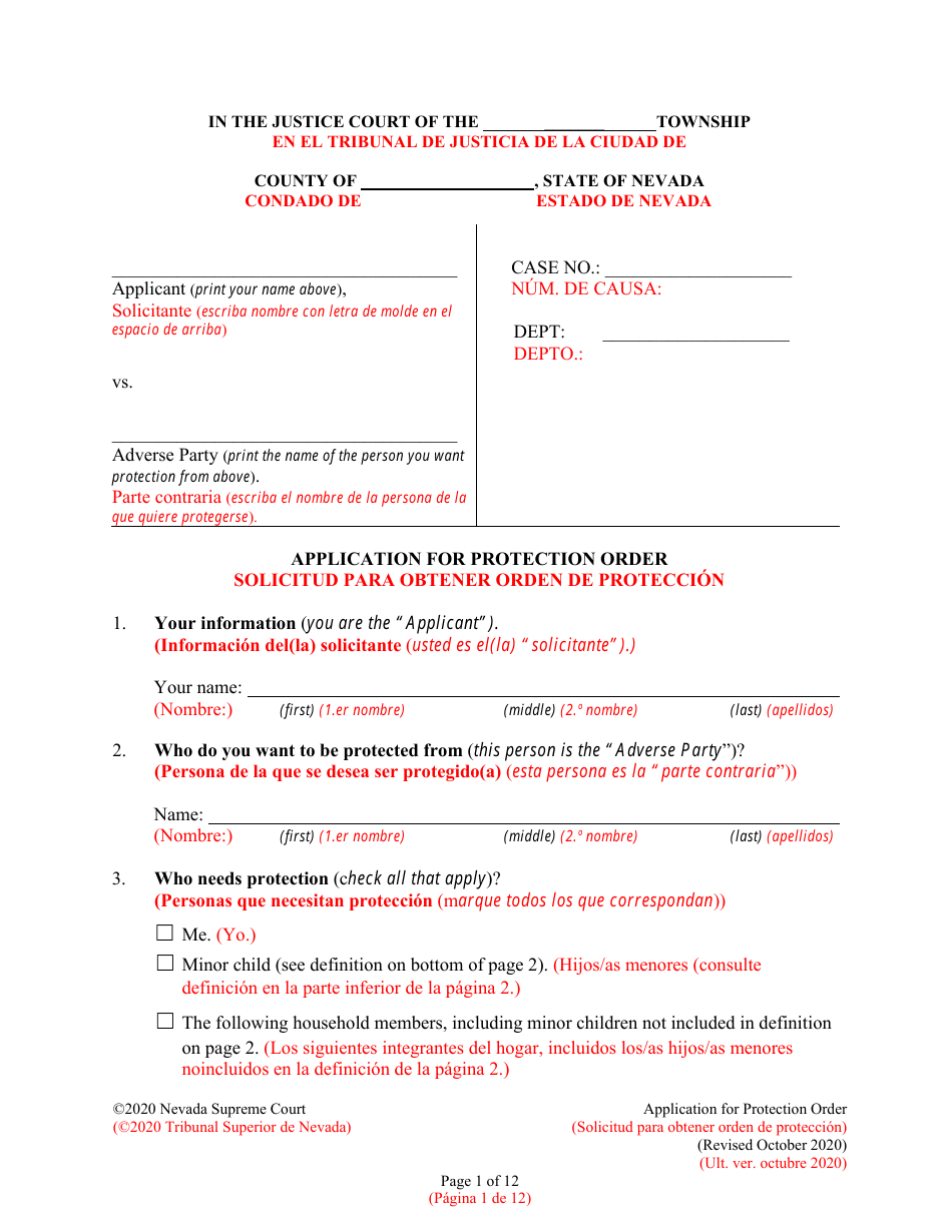 Nevada Application for Protection Order (English/Spanish) Fill Out