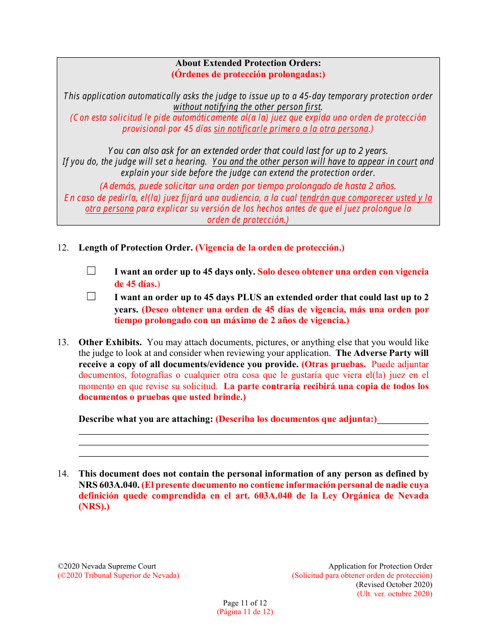 Application for Protection Order - Nevada (English / Spanish), Page 11