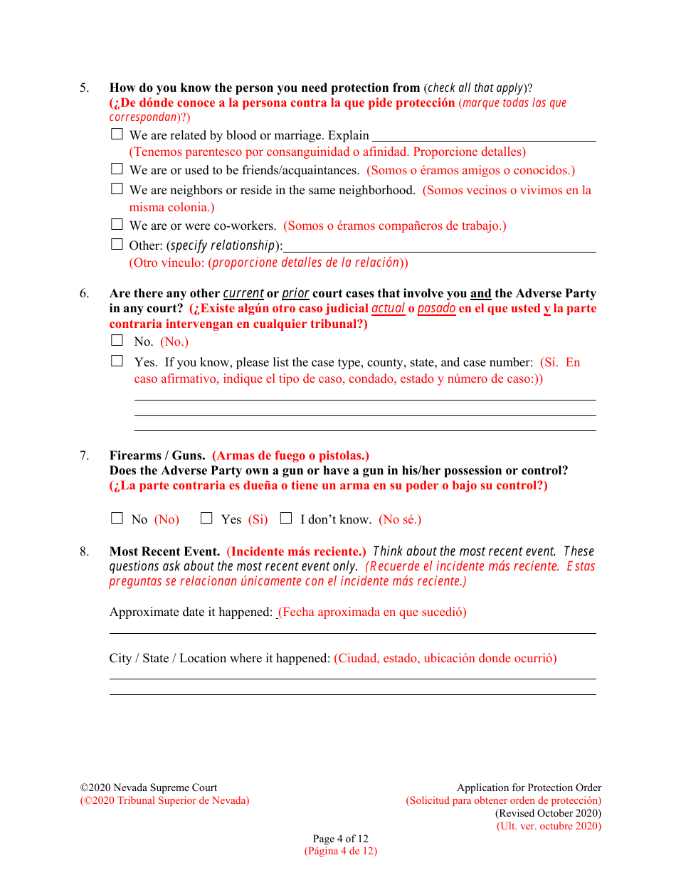 Application for Protection Order - Nevada (English / Spanish), Page 4
