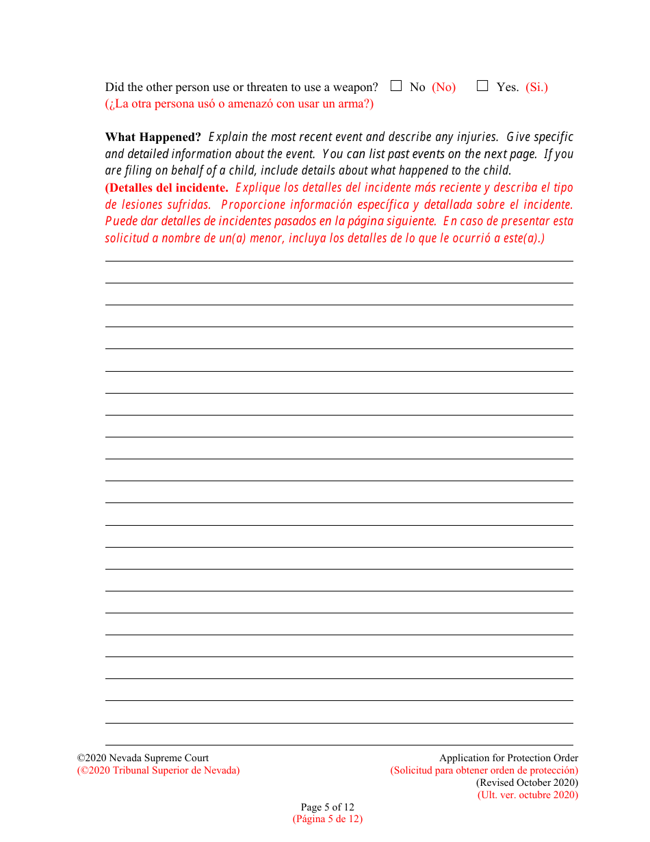 Application for Protection Order - Nevada (English / Spanish), Page 5