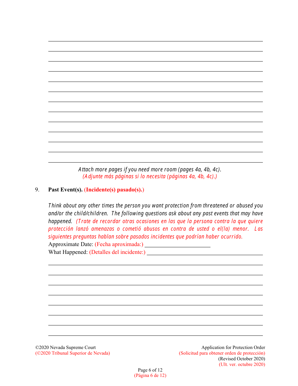 Application for Protection Order - Nevada (English / Spanish), Page 6