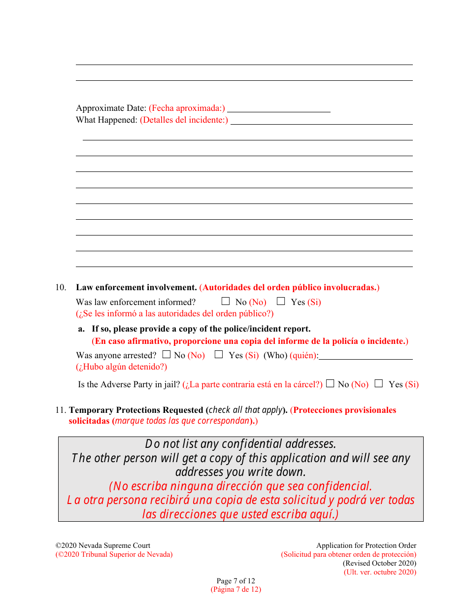 Application for Protection Order - Nevada (English / Spanish), Page 7