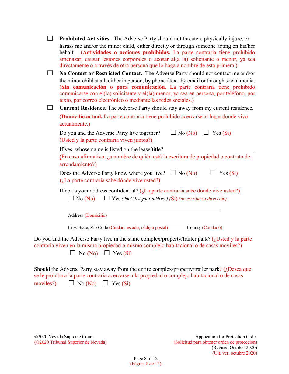 Application for Protection Order - Nevada (English / Spanish), Page 8