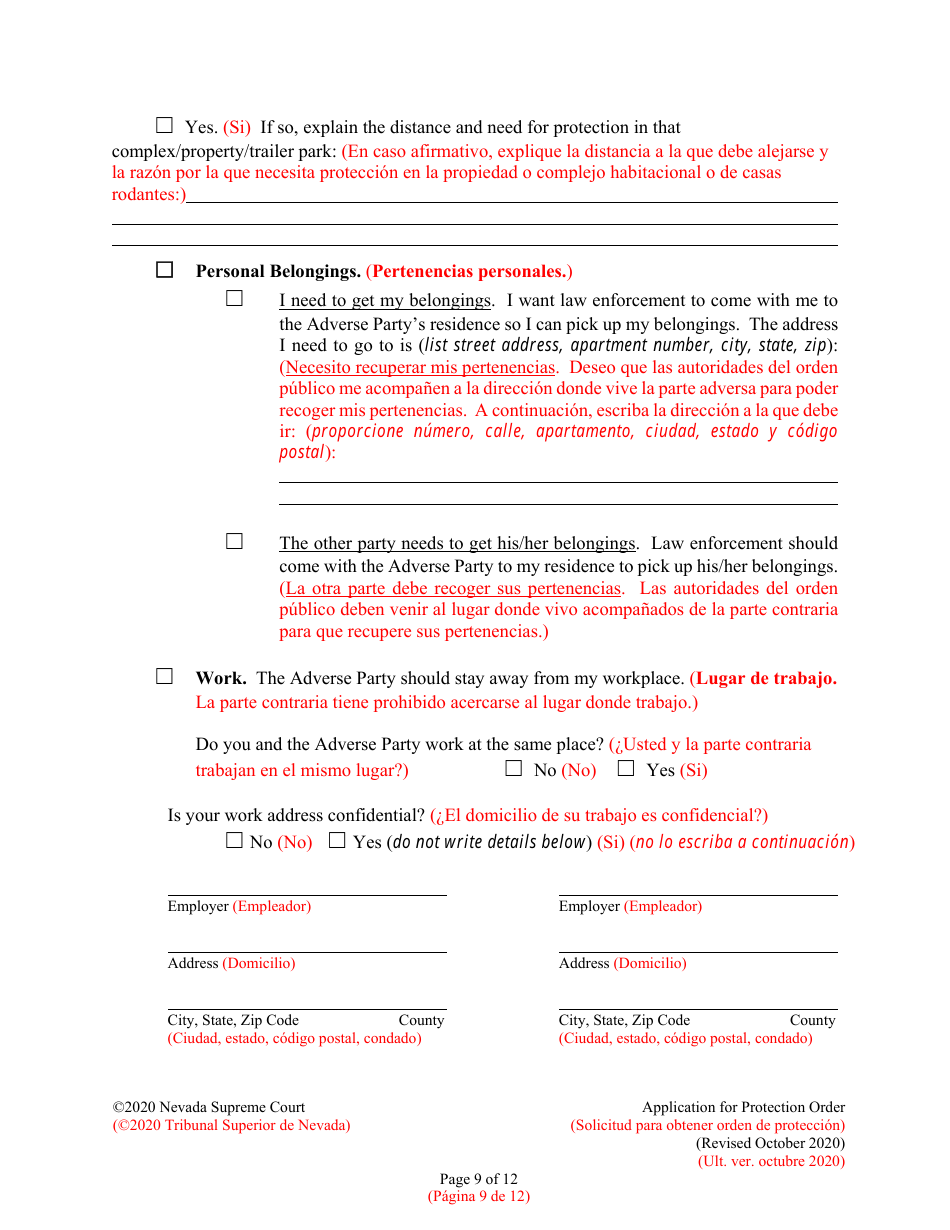 Application for Protection Order - Nevada (English / Spanish), Page 9