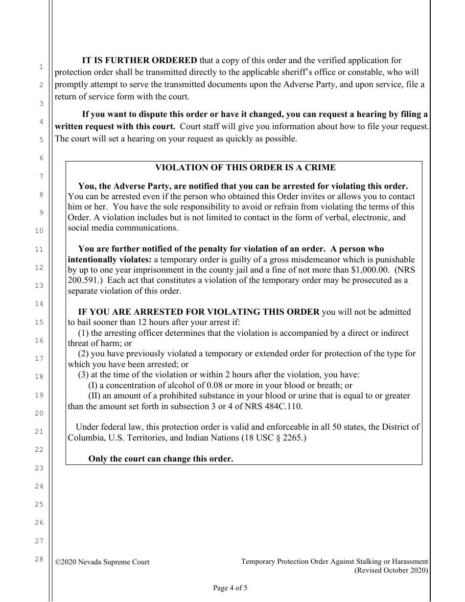 Temporary Protection Order Against Stalking or Harassment - Nevada, Page 4