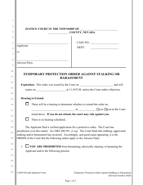 Temporary Protection Order Against Stalking or Harassment - Nevada Download Pdf