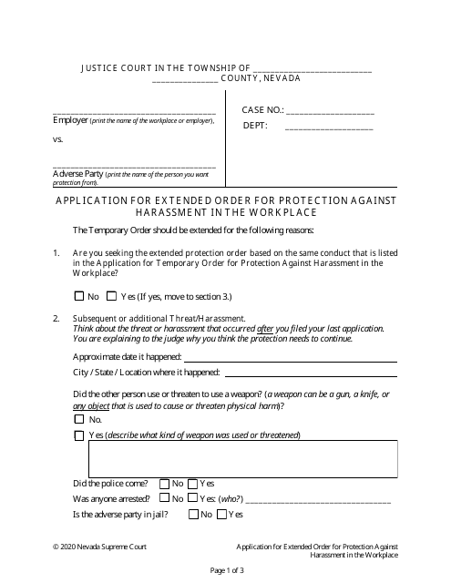 Application for Extended Order for Protection Against Harassment in the Workplace - Nevada Download Pdf