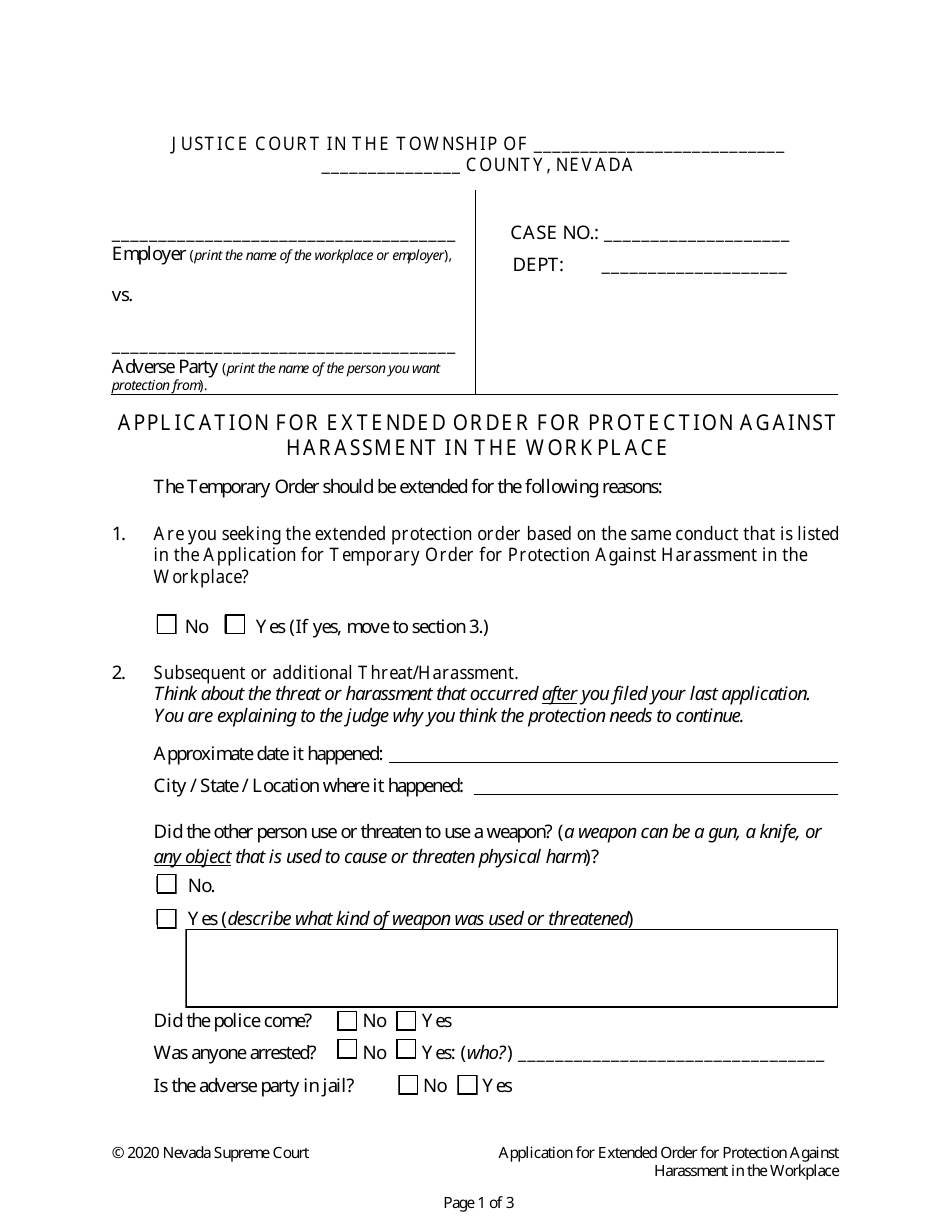 Application for Extended Order for Protection Against Harassment in the Workplace - Nevada, Page 1