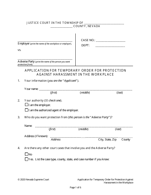 Application for Temporary Order for Protection Against Harassment in the Workplace - Nevada