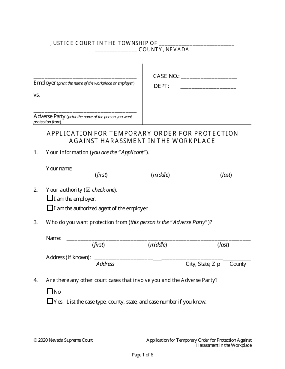 Application for Temporary Order for Protection Against Harassment in the Workplace - Nevada, Page 1