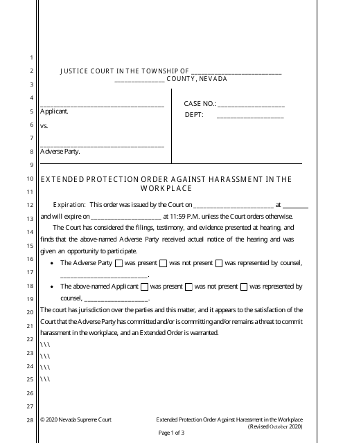 Extended Protection Order Against Harassment in the Workplace - Nevada Download Pdf