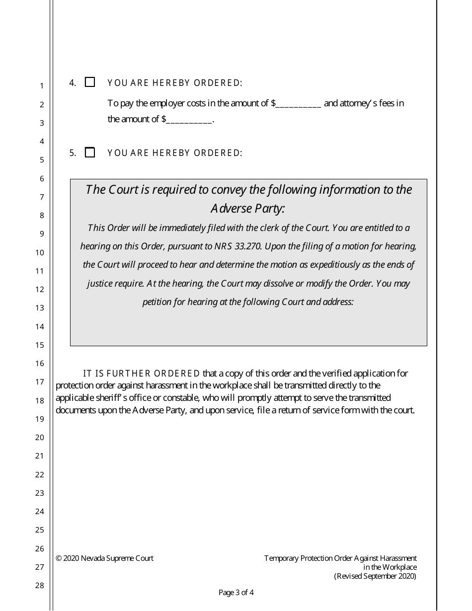 Temporary Protection Order Against Harassment in the Workplace - Nevada, Page 3