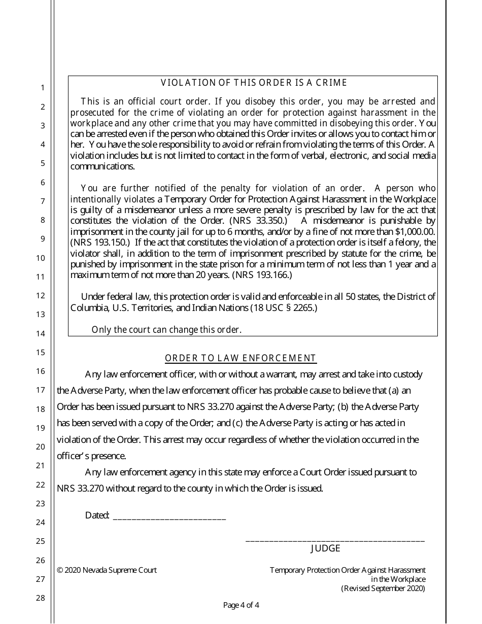 Temporary Protection Order Against Harassment in the Workplace - Nevada, Page 4
