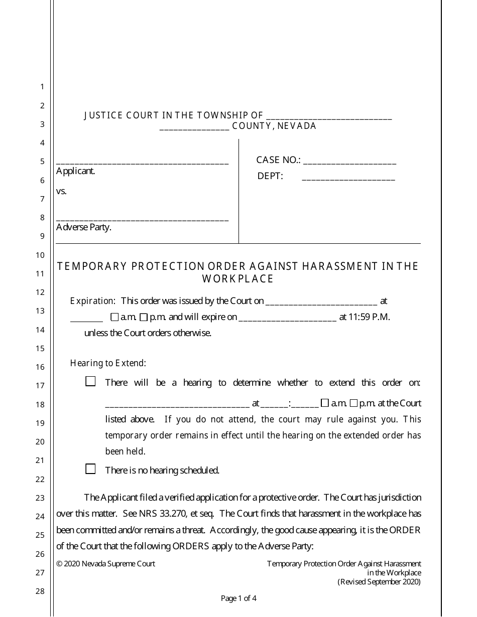 Nevada Temporary Protection Order Against Harassment In The Workplace ...