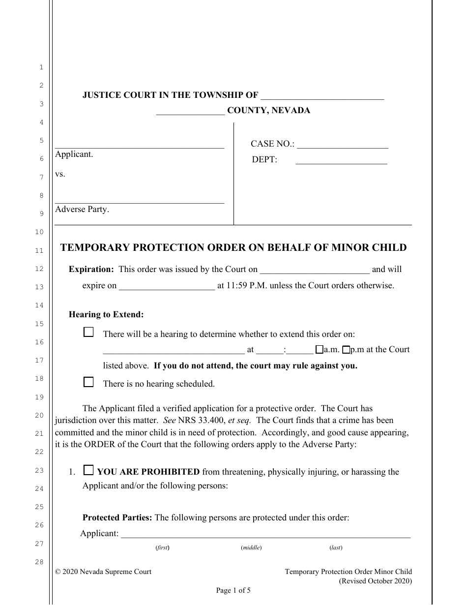 Temporary Protection Order on Behalf of Minor Child - Nevada, Page 1