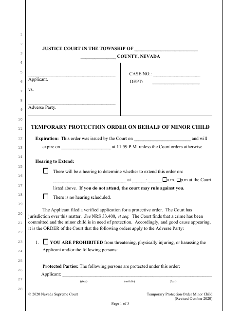 Temporary Protection Order on Behalf of Minor Child - Nevada