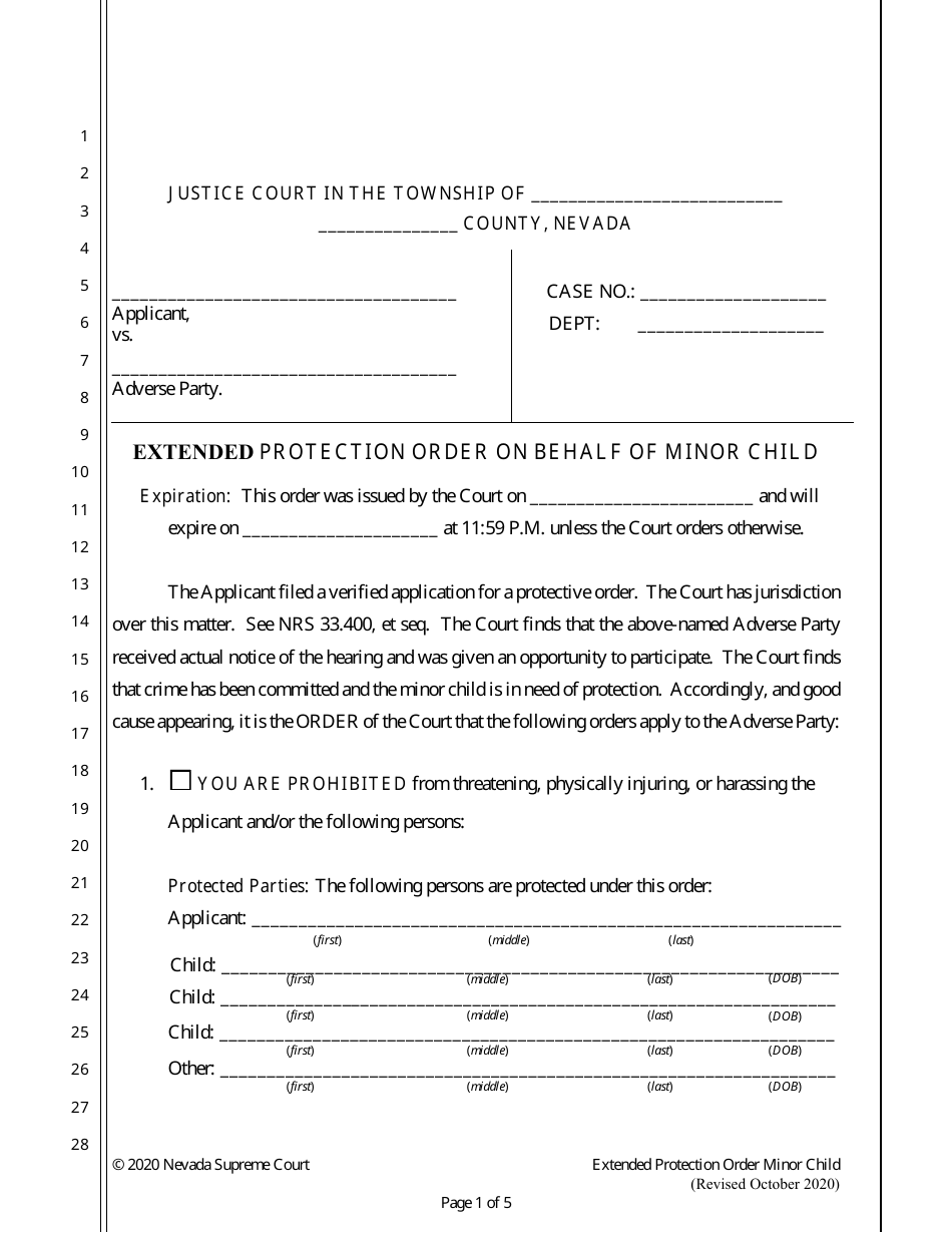 Extended Protection Order on Behalf of Minor Child - Nevada, Page 1