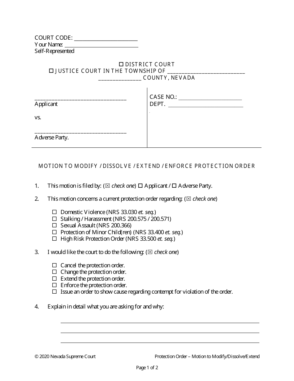 Nevada Motion to Modify/Dissolve/Extend/Enforce Protection Order Fill