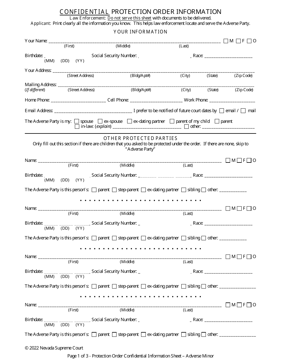 Protection Order Confidential Information Sheet - Adverse Minor - Nevada, Page 1
