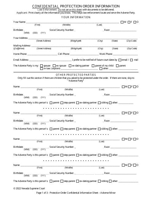 Protection Order Confidential Information Sheet - Adverse Minor - Nevada