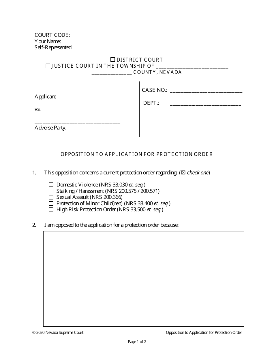 Nevada Opposition to Application for Protection Order Fill Out, Sign Online and Download PDF