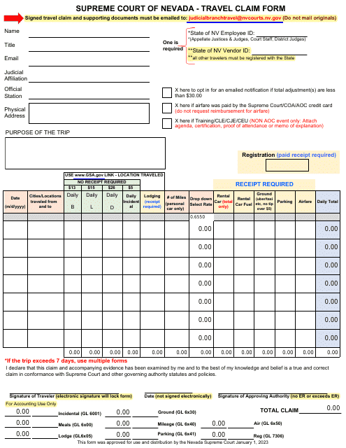 Travel Claim Form - Nevada Download Pdf