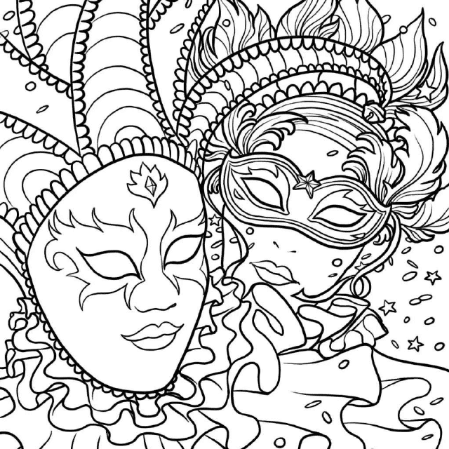Mardi Gras themed coloring page with masquerade design.