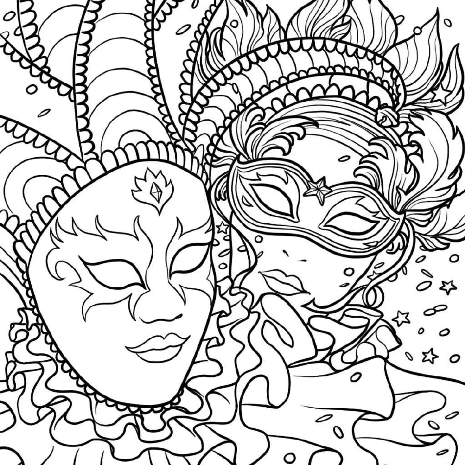 Mardi Gras themed coloring page with masquerade design.