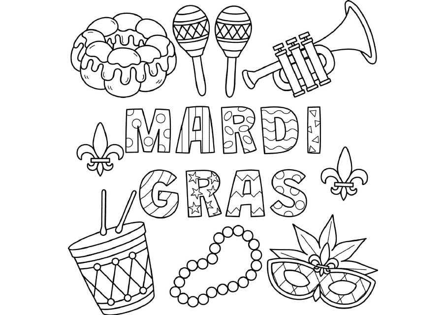 A fun and festive Mardi Gras coloring page featuring a vibrant celebration.