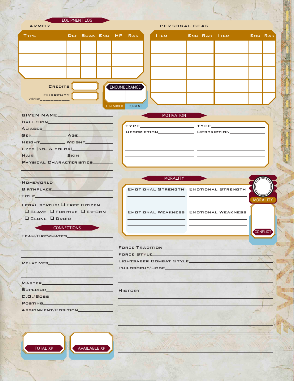 Force and Destiny Character Sheet Download Printable PDF | Templateroller