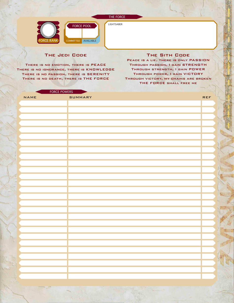 Force and Destiny Character Sheet, Page 4