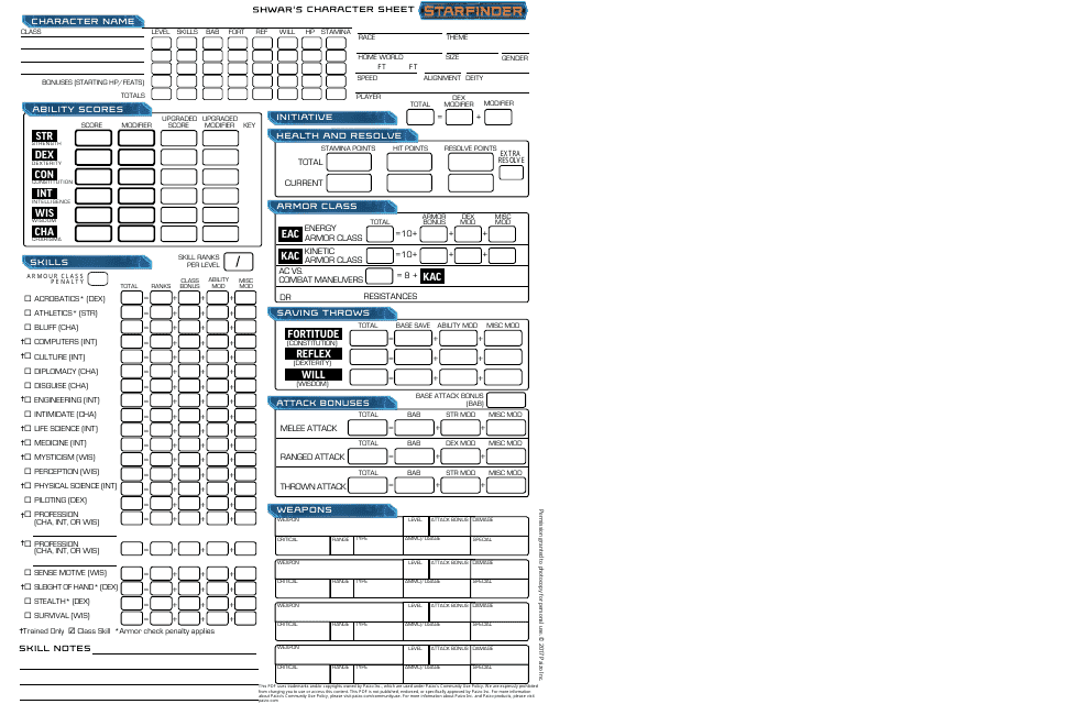 Starfinder Shwar's Character Sheet - Preview Image