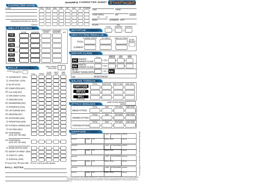 Starfinder Shwar's Character Sheet Download Printable PDF | Templateroller